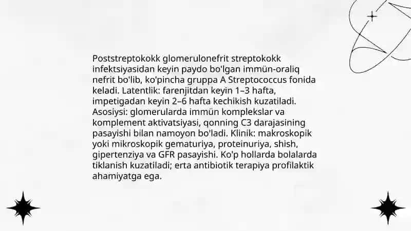 Glomerulonefrit, endokardit,yarali kolit va boshqa kasaliklarni kelib chiqishida mikroorganizmlarni ahamiyati 4