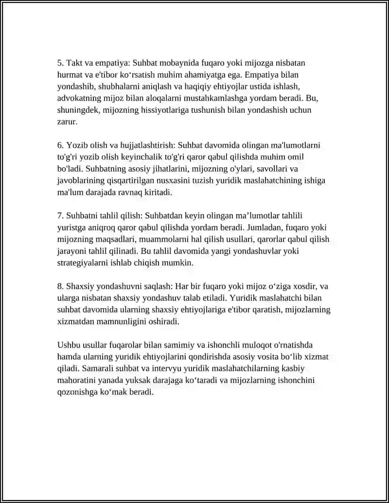 YURIST FAOLIYATIDA FUQAROLAR VA MIJOZLAR BILAN ISHLASH METADALOGIYASI 4