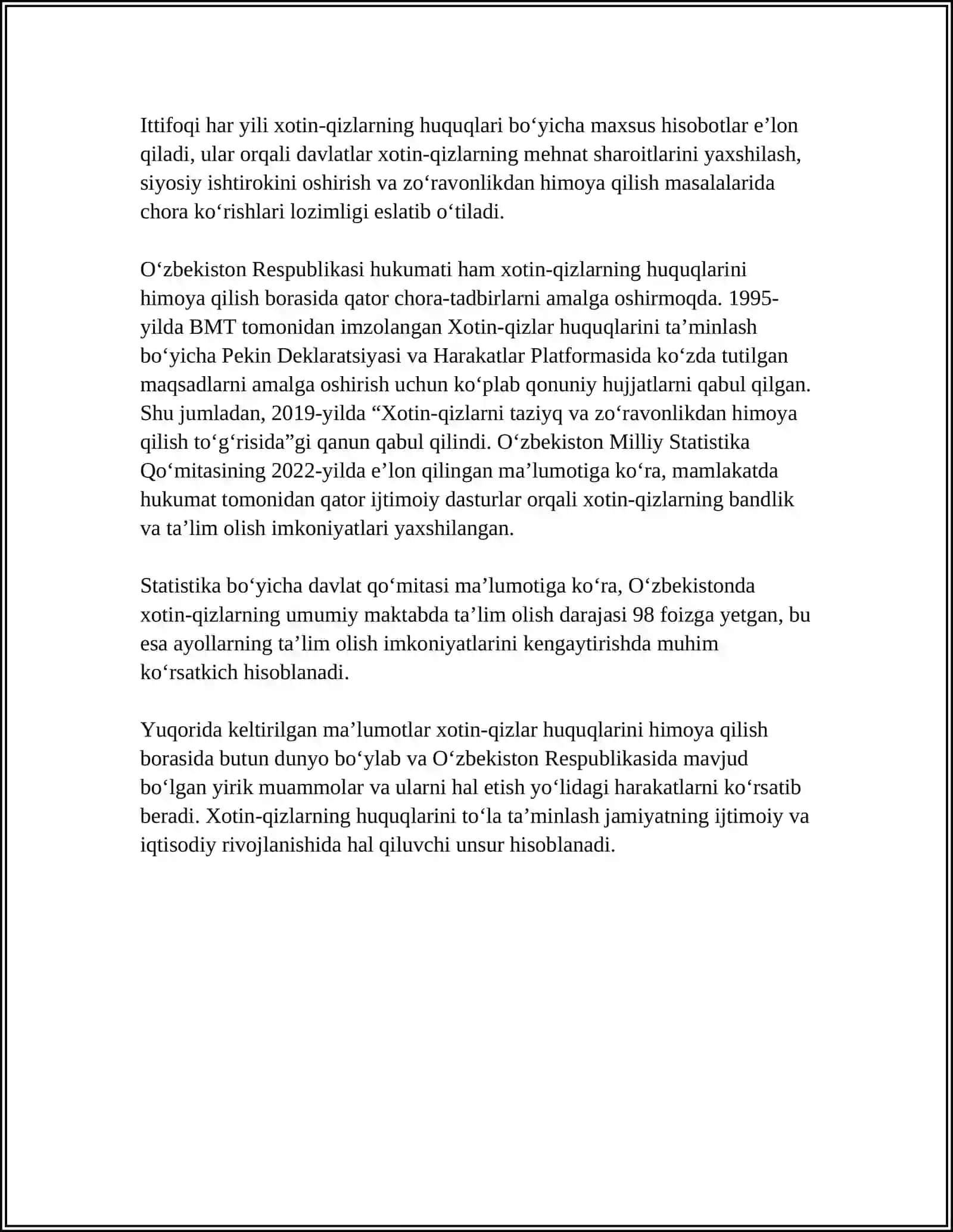 OʻZBEKISTON RESPUBLIKASIDA XOTIN-QIZLARNI HAR TOMONLAMA QOʻLLAB QUVVATLASH DAVLAT SIYOSATI 4