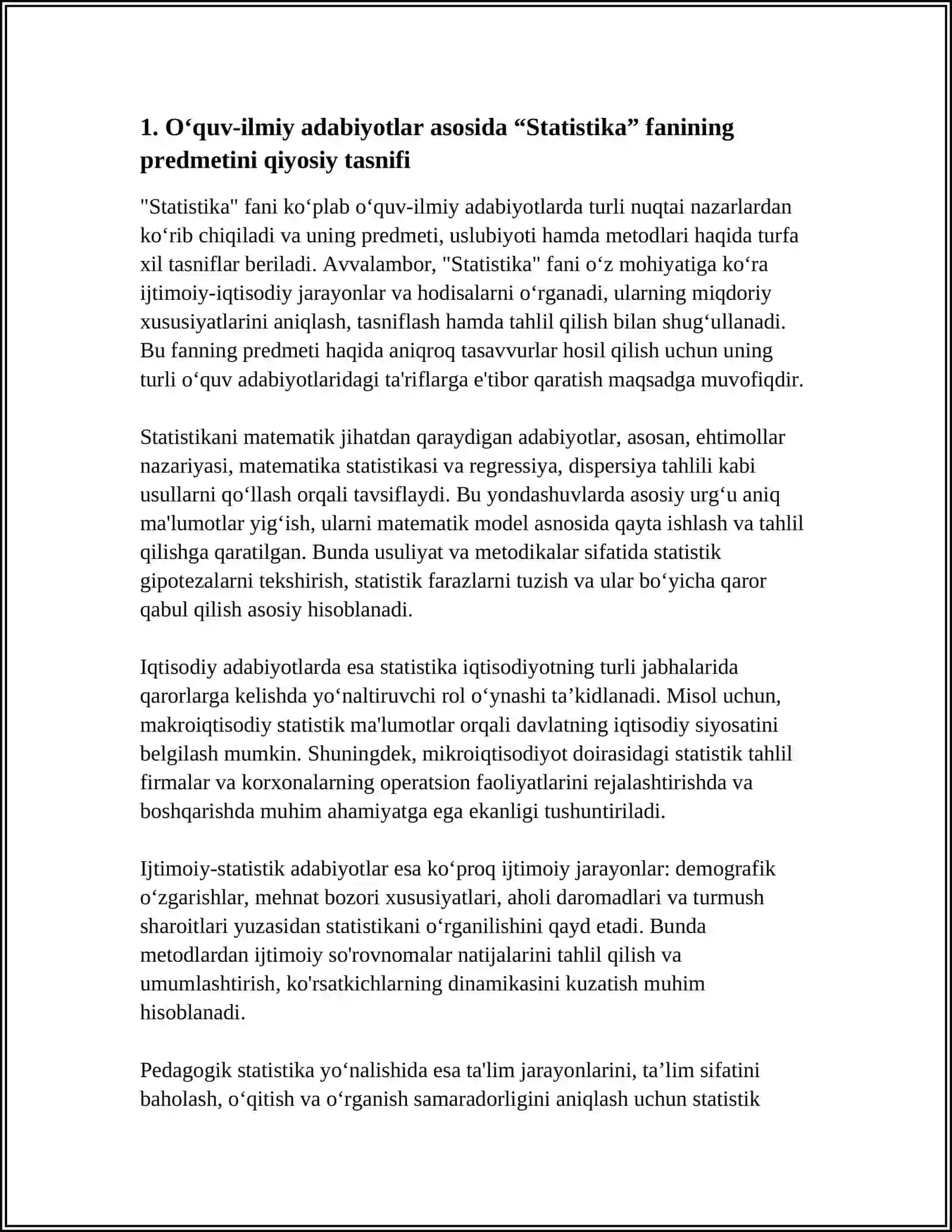 "OQUV-ILMIY ADABIYOTLAR ASOSIDA “STATISTIKA„ FANI PRIDMETI, USLUBIYOTI VA METODLARGA QIYOSIY TASNIF BERISH" 4