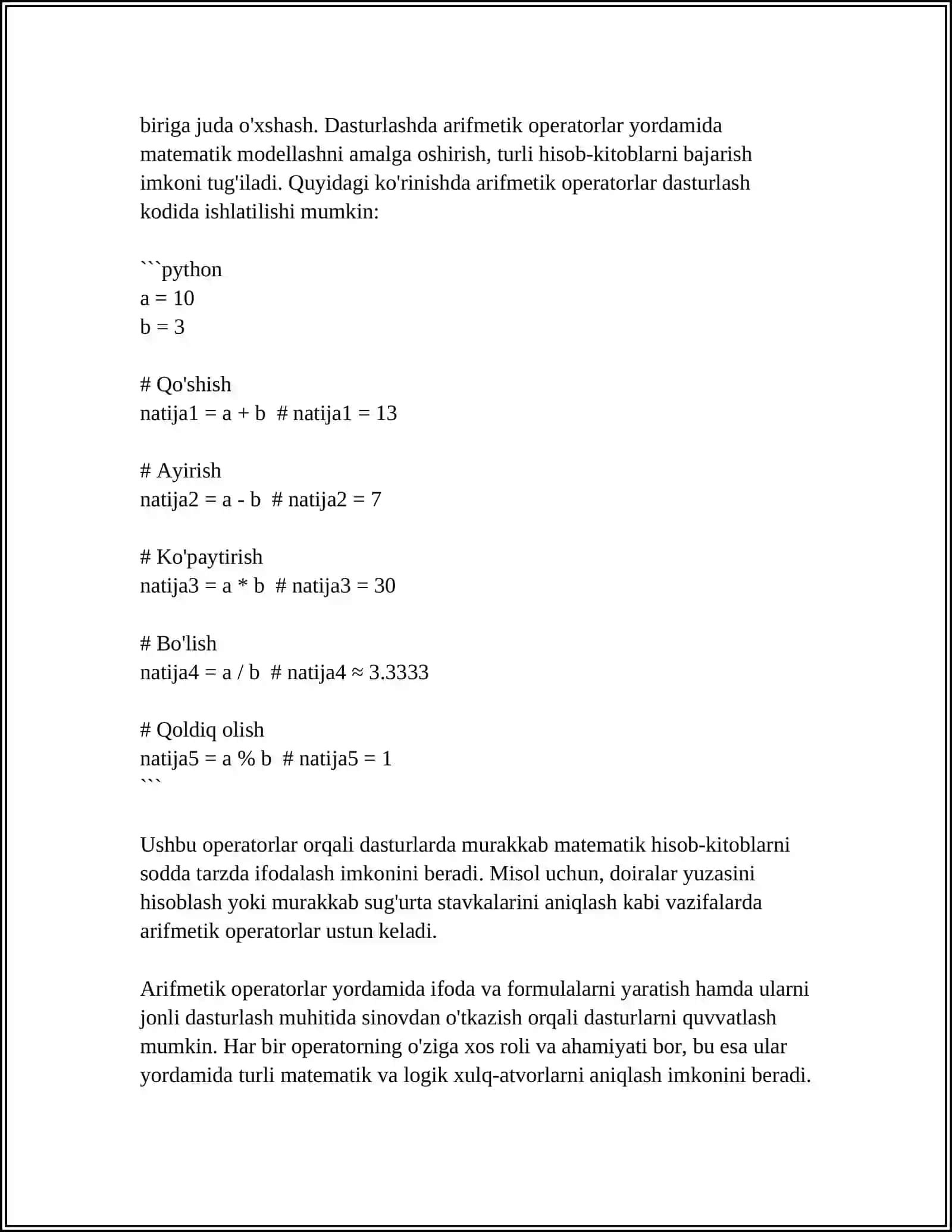 DASTURLASHDA ARIFMETIKA OPERATORLAR. MATH KITOBXONASI 4