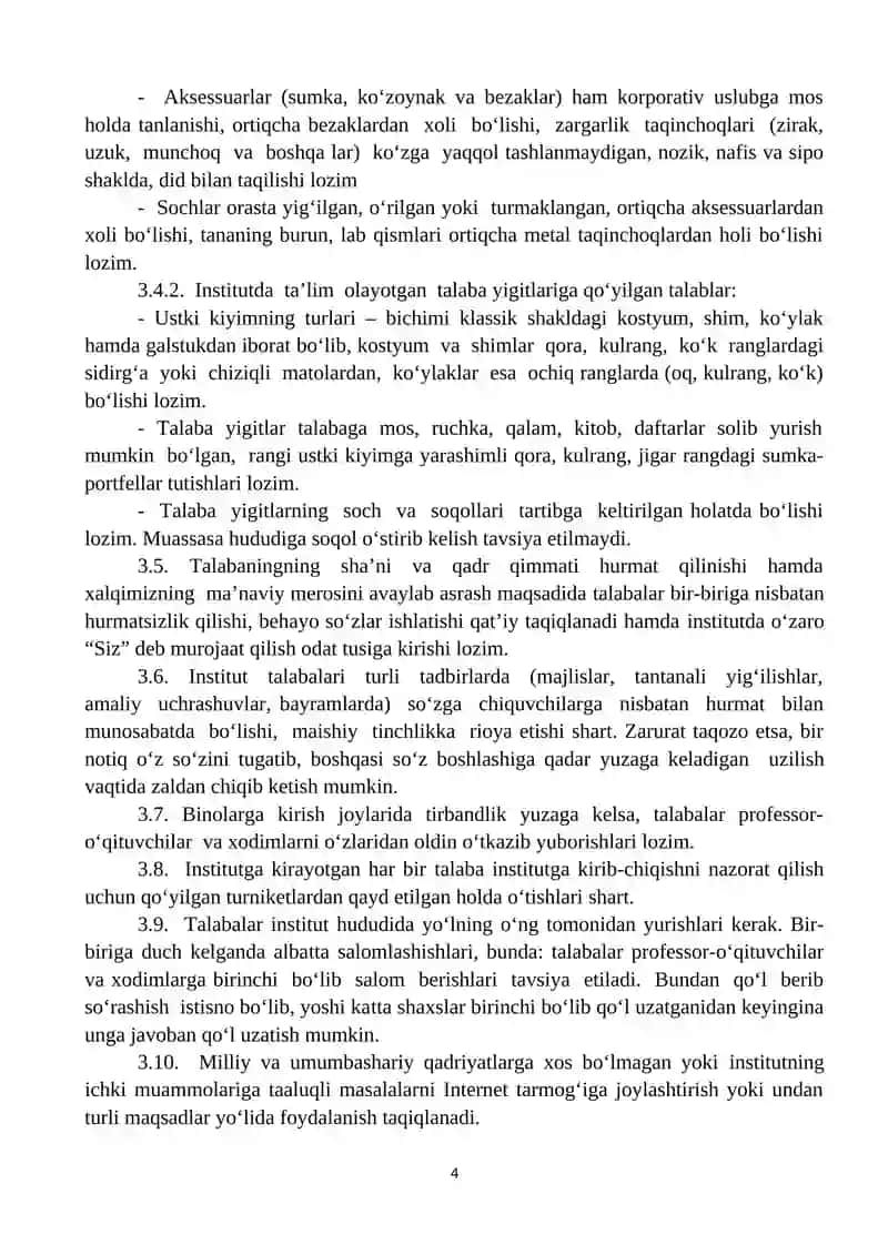 O‘zbekiston Respublikasi Qishloq xo‘jaligi va Agrotexnologiyalar Institutining Odob-Axloq Qoidalari 4