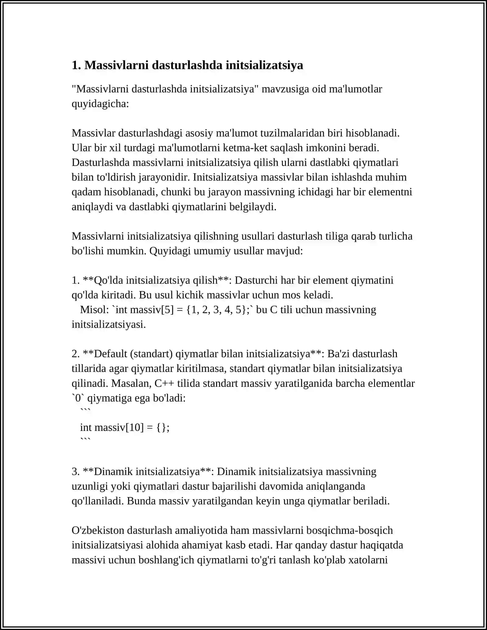 O'LCHAMI KO'RSATILMAGAN MASSIV ELEMENTLARINI TO'LIQ INITSIALIZATSIYALASH (DASTURLASH) 4