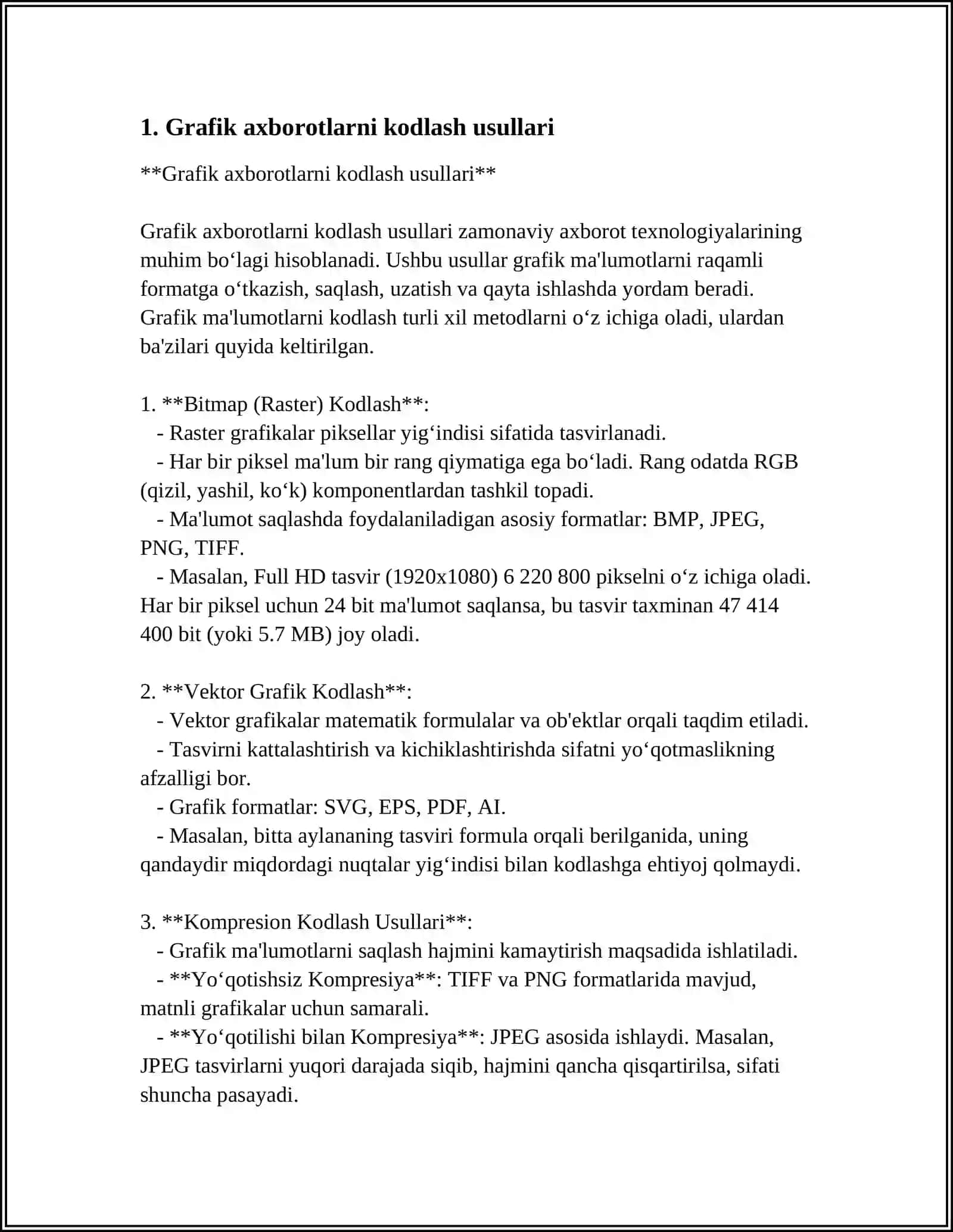 GRAFIK AXBOROTLARNI KODLASH 4