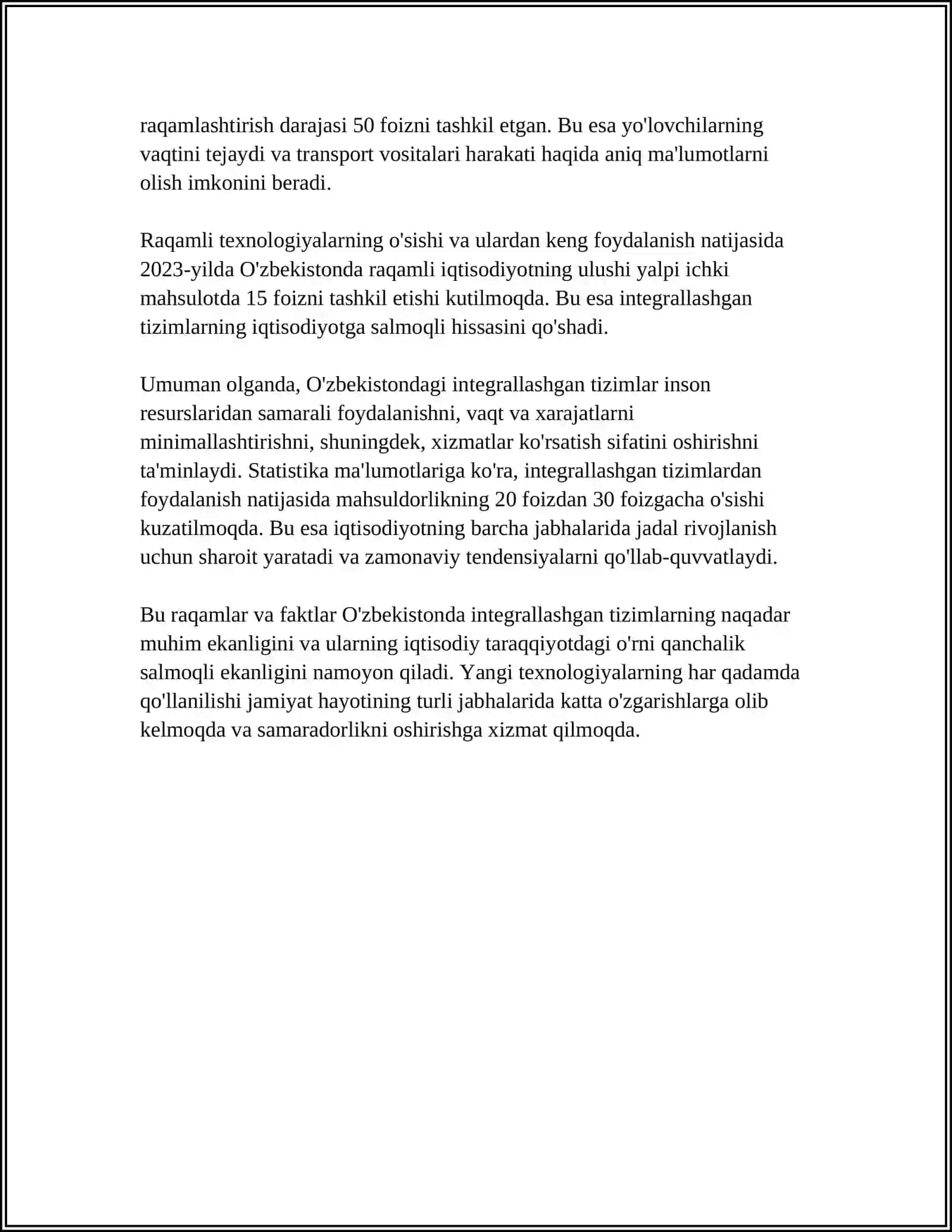 O'ZBEKISTONDA O'ZARO INTEGRALLASHGAN TIZIMLARINING IQTISODIY SAMARADORLIGI 4