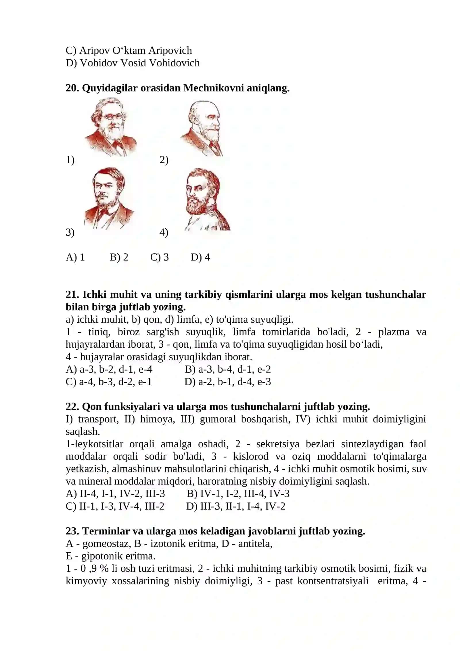 Odam anatomiyasi va fiziologiyasi fanidan testlar 4