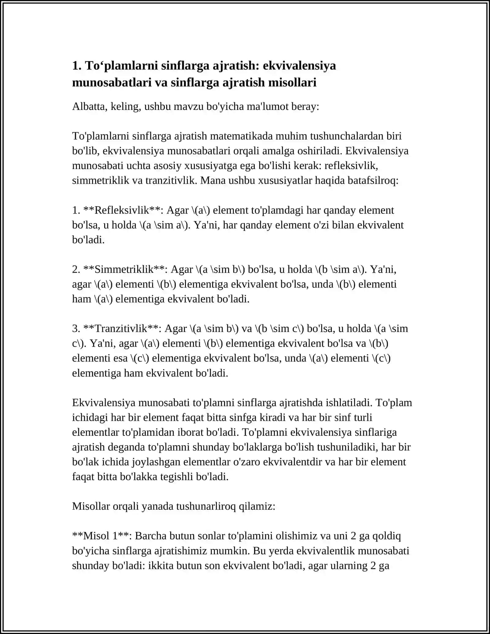 TOʻPLAMLARNI SINFLARGA AJRATISHGA OID MISOLLAR 4