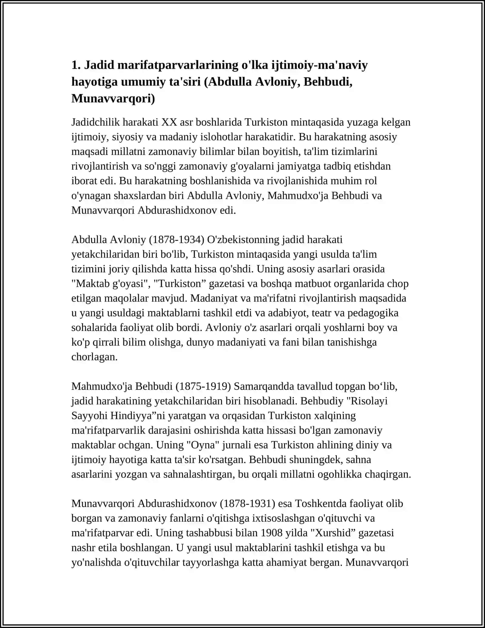 JADID MARIFATPARVARLARINING O'LKA IJTIMOYI MA'NAVIY HAYOTIDA TUTGAN O'RNI (ABDULLA AVLONIY,BEHBUDIY,MUNAVVARQORI) MAVZUSIDA REFARAT 4