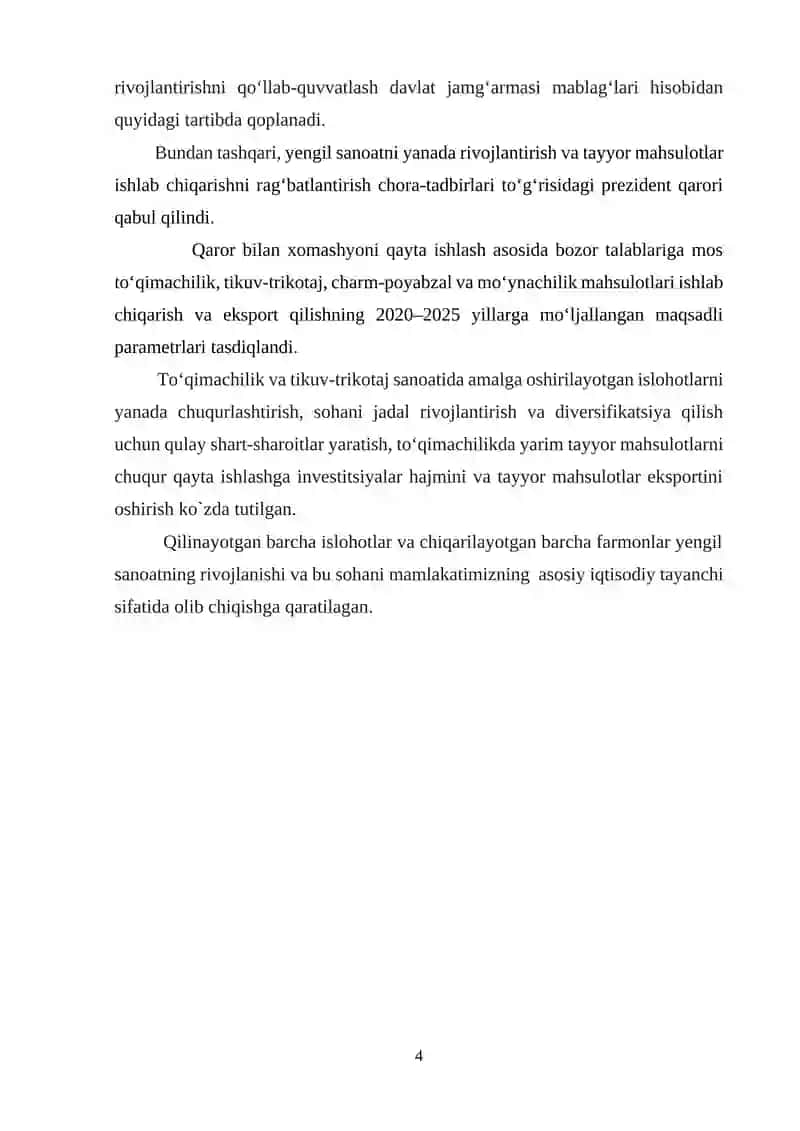 30 ta to’quv dastgohiga ega bo’lgan art.3232 o’xshash ishchi kiyimbop to’qima ishlab chiqarish korxonasining texnologik jarayonlarni loyihalash 4