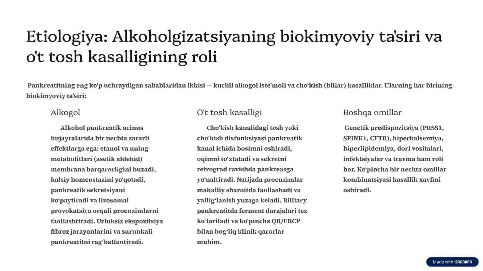 Pankreatit rivojlanishining biokimyoviy asoslari. Davolash va diagnostika tamoyillari 4