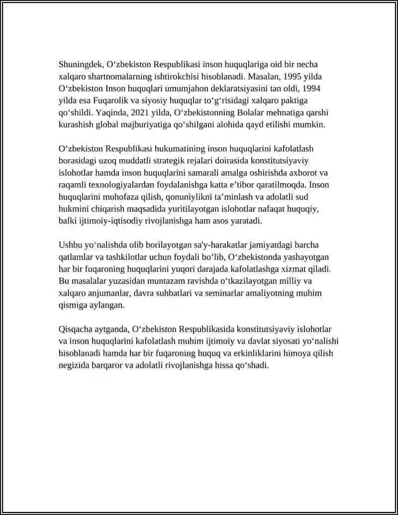 YANGI OʻZBEKISTONDA INSON HAQ-HUQUQLAR VA ERKINLIKLARI KAFOLATINING YARATILISHI 4