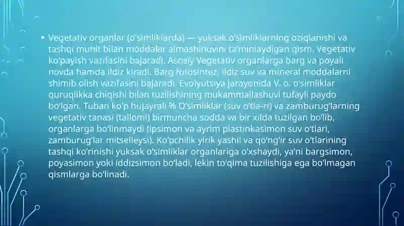 O’simlik hujayra va to’qimalarning tuzilishi.o’simliklarning vegetativ va generativ organlari va jinsiy ko’payishi 4