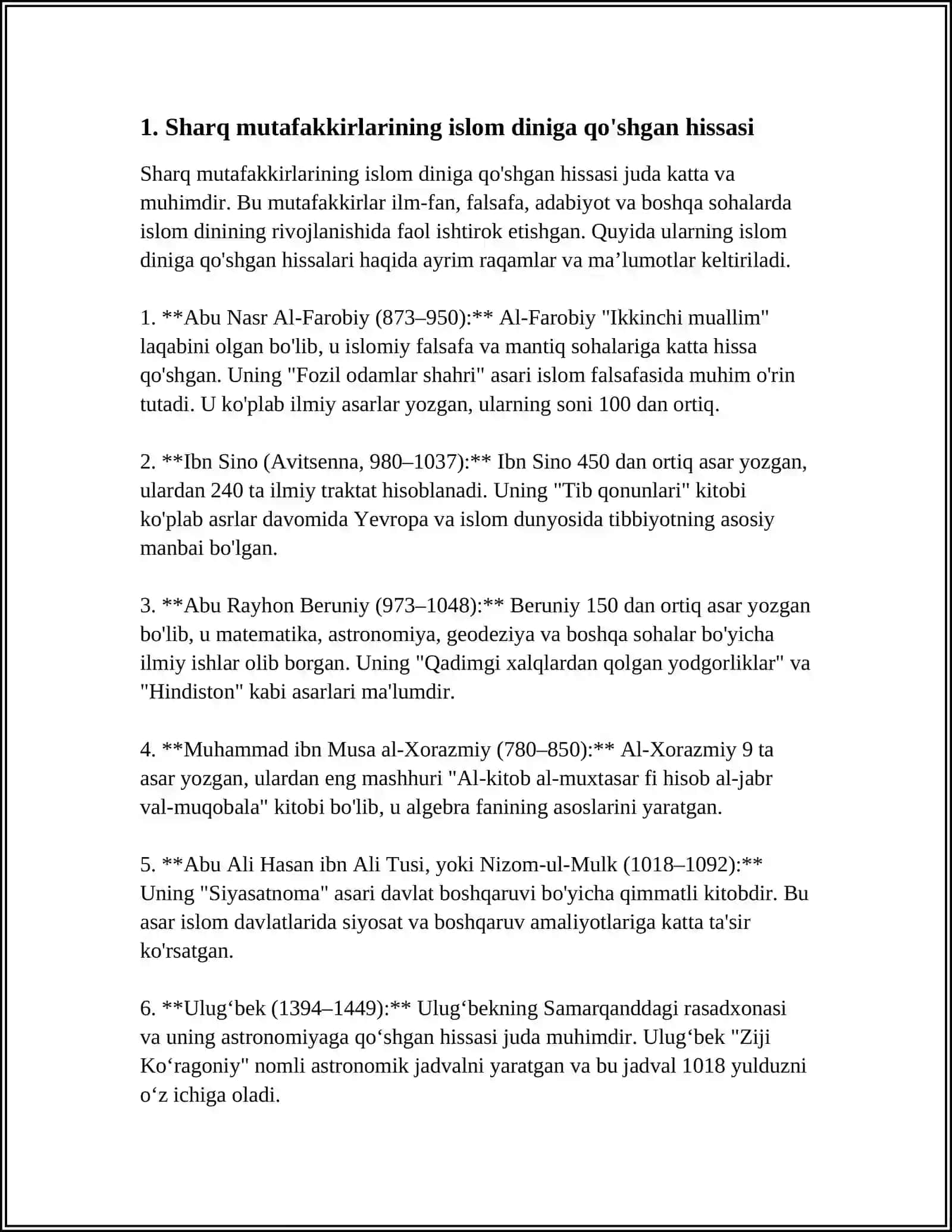 "SHARQ MUTAFAKKIRLARINING ISLOM DININING INSON KAMOLOTIGA TA'SIRI HAQIDAGI G'OYALARI "MAVZUSIDA ESSE TAYYORLASH 4
