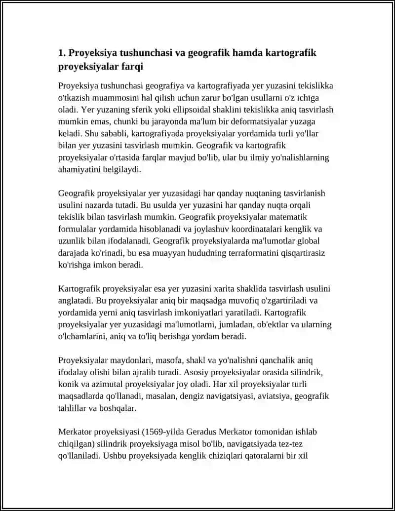 PROYEKSIYA TUSHUNCHASI: YER YUZASINI TEKISLIKKA O'TKAZISH MUAMMOLARI VA ASOSIY PROYEKSIYALAR (MASALAN, MERKATOR, UTM) 4
