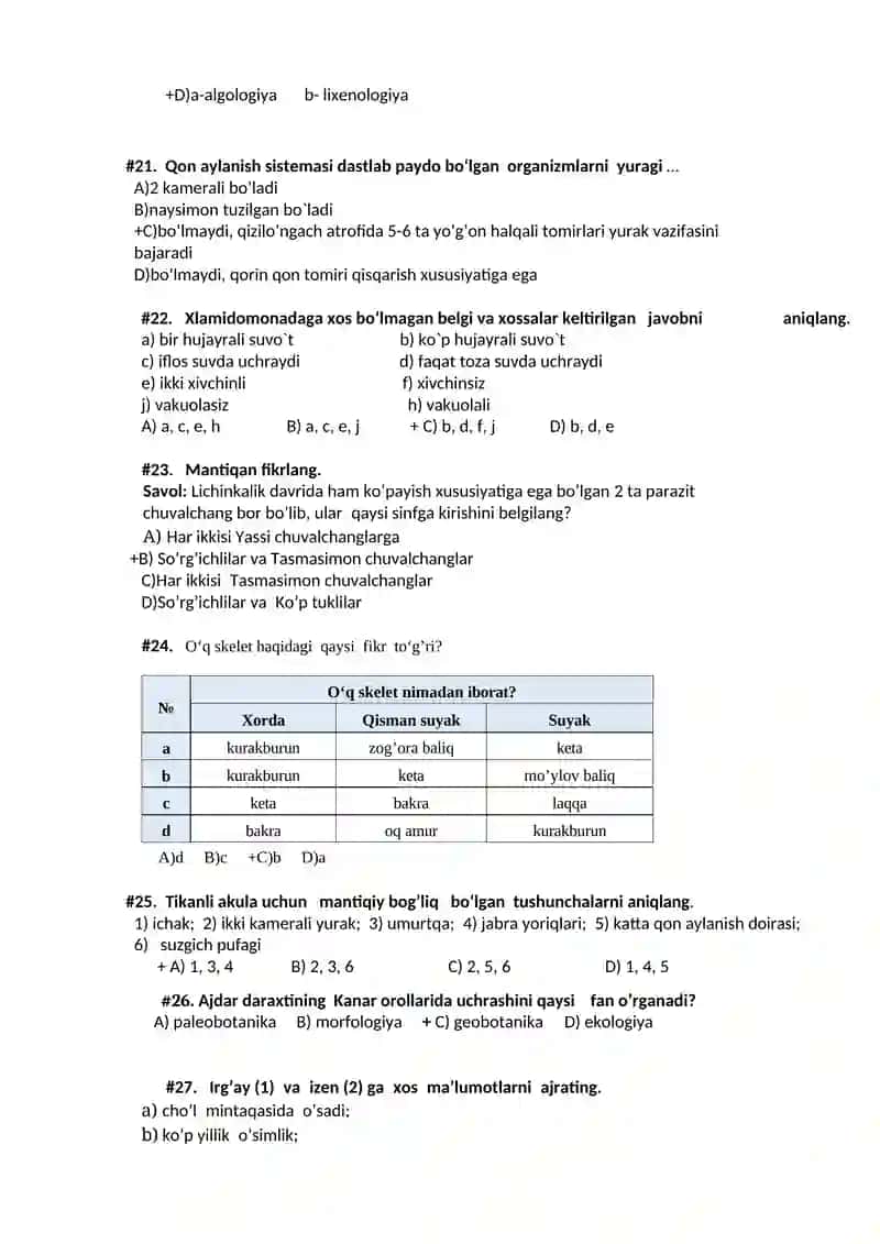 Biologiya fanidan test savollari 4