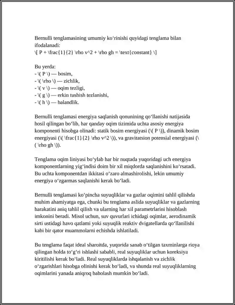 IDEAL VA REAL SUYUQLIK OQIMLAR UCHUN D. BERNULLI TENGLAMASI 4