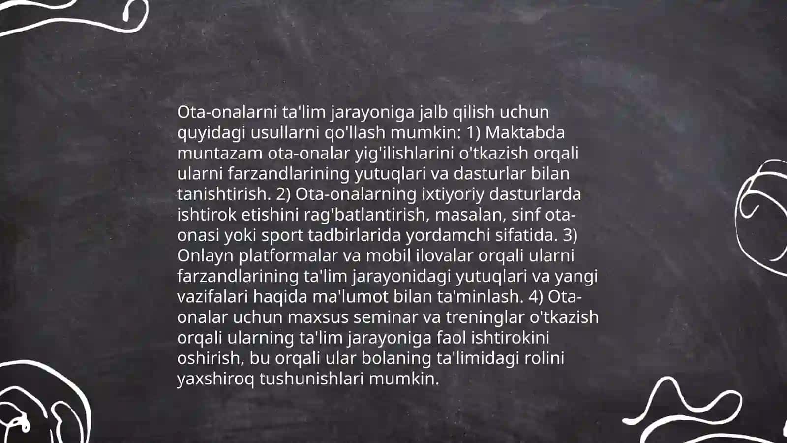 Talim muassasasining ota onalar va jamoatchilik bilan guruh tarzdagi ishlash shakllari ota onalar bilan hamkorlikni yoʻlga qoʻyishning pedagogik psixologik shart sharoitlari 4