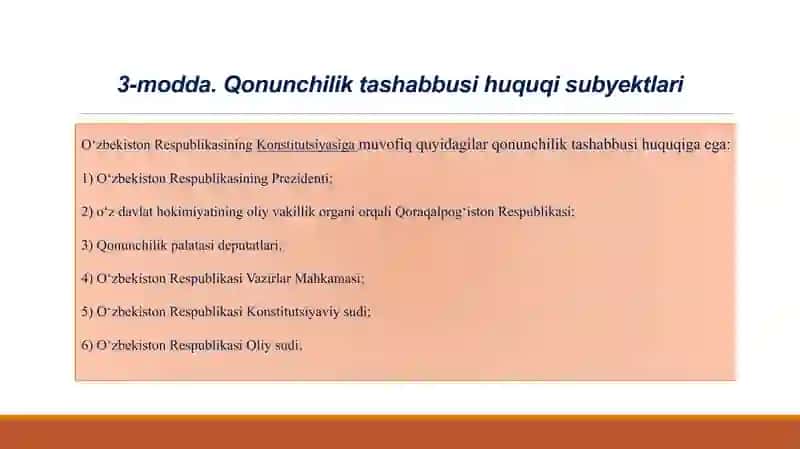QONUNLAR LOYIHALARINI TAYYORLASH VA O‘ZBEKISTON RESPUBLIKASI OLIY MAJLISINING QONUNCHILIK PALATASIGA KIRITISH TARTIBI TO‘G‘RISIDA 4