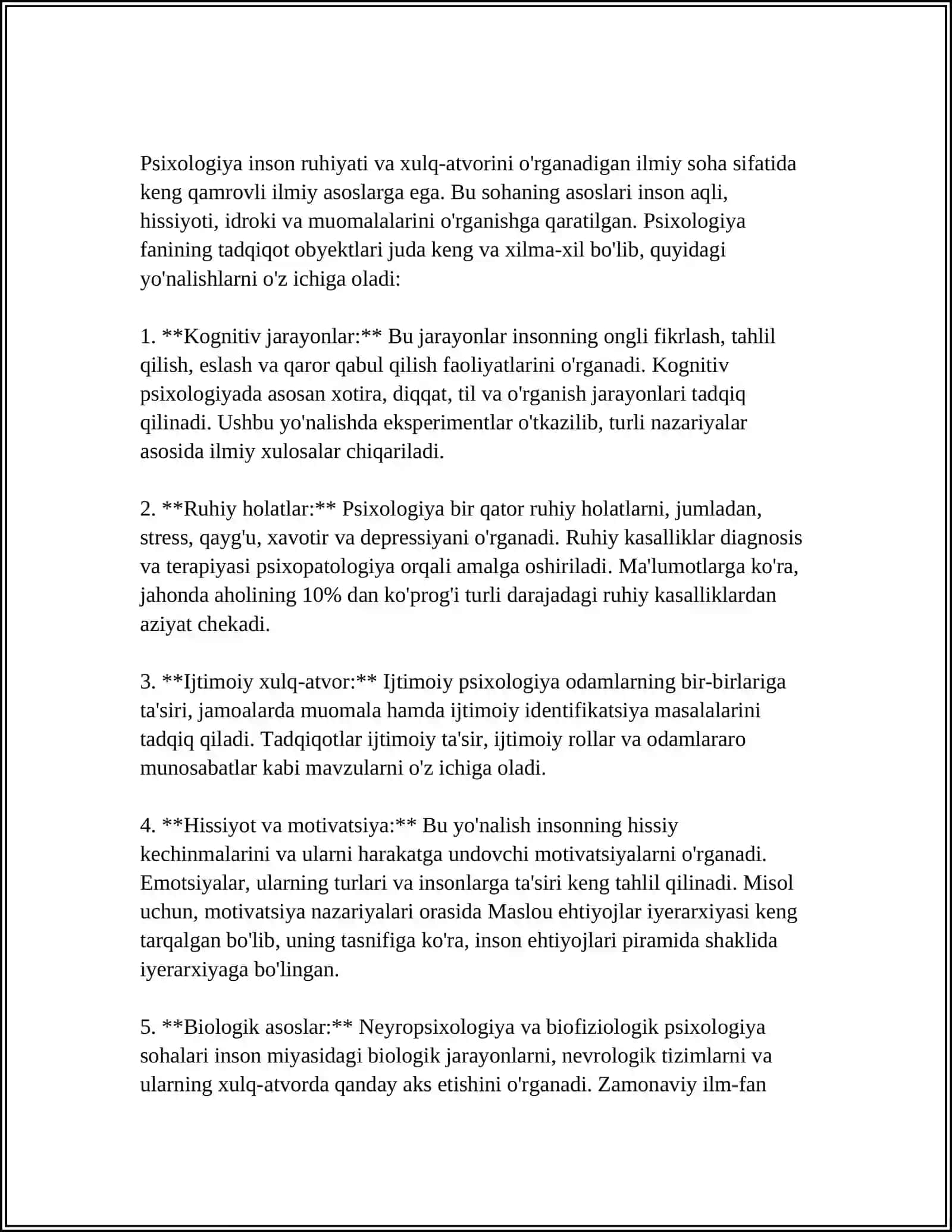 PSIXOLOGIYA FANINING PREDMETI, RIVOJLANISH TARIXI, SOHALARI VA TADQIQOT METODLARI 4
