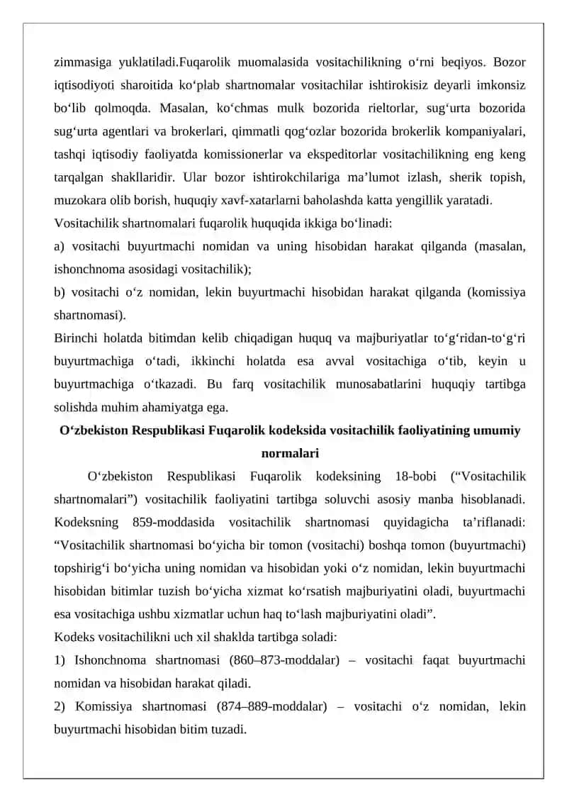 Vositachilik munosabatlarini fuqarolik-huquqiy tartibga solish asoslari 4