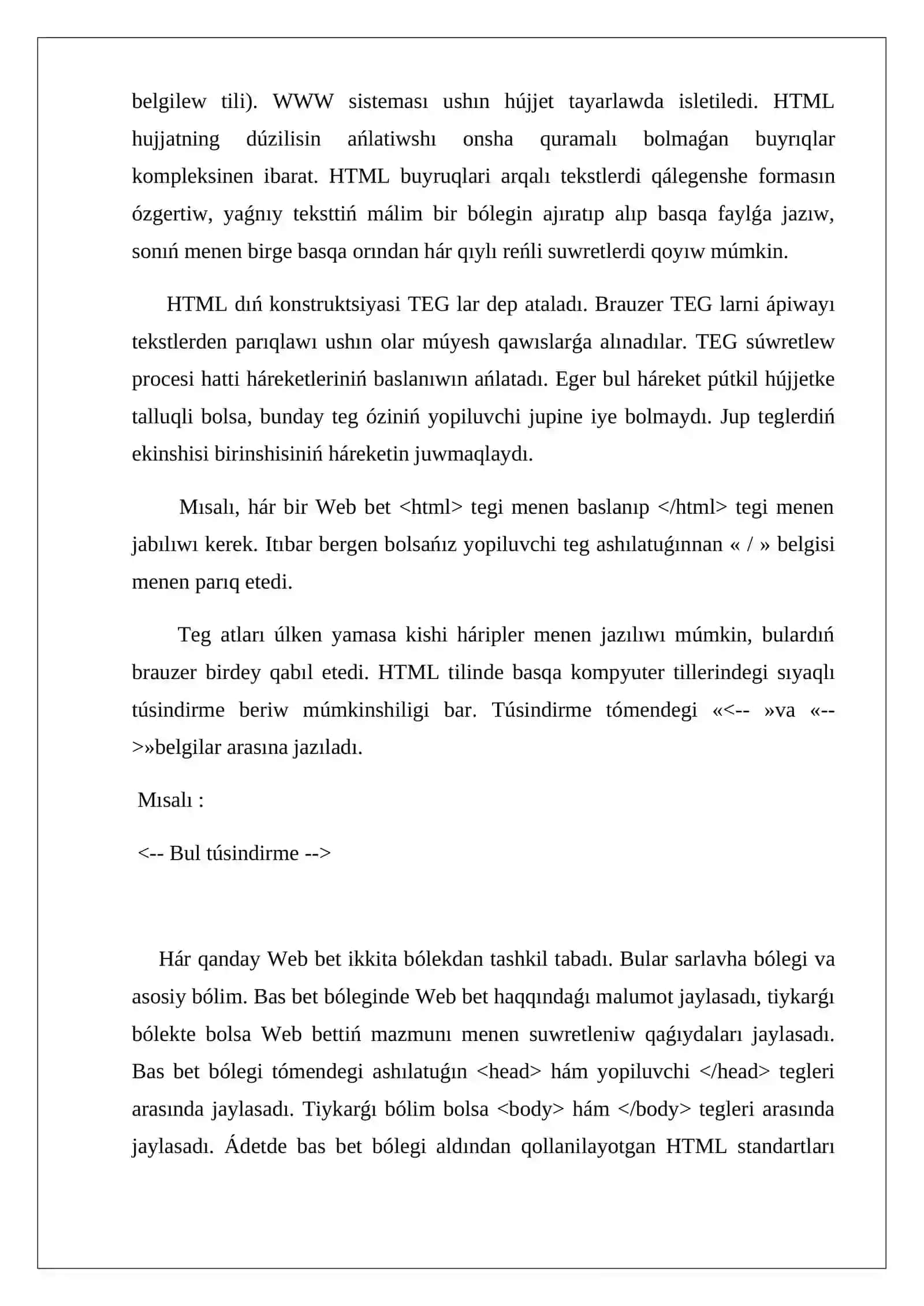 HTML tilida Web-sahifati yaratish: gipermatn, teglar, atributlar, sarlavhalar, kashtalar, rasmlar, freymlar 4