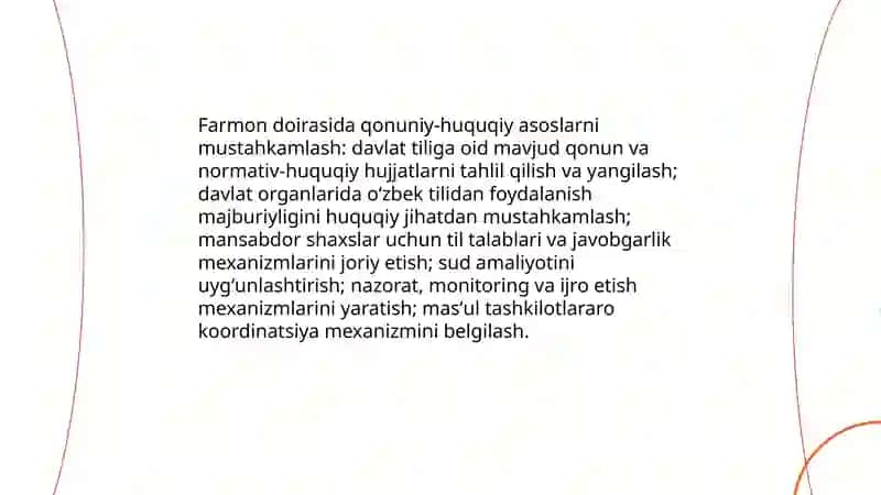 Oʻzbekiston Respublikasi Prezidenti Sh.M.Mirziyoyevning " Oʻzbek tilining davlat tili sifatidagi nufuzi va mavqeyini tubdan oshirish chora-tadbirlari toʻgʻrisida" gi farmoni 4
