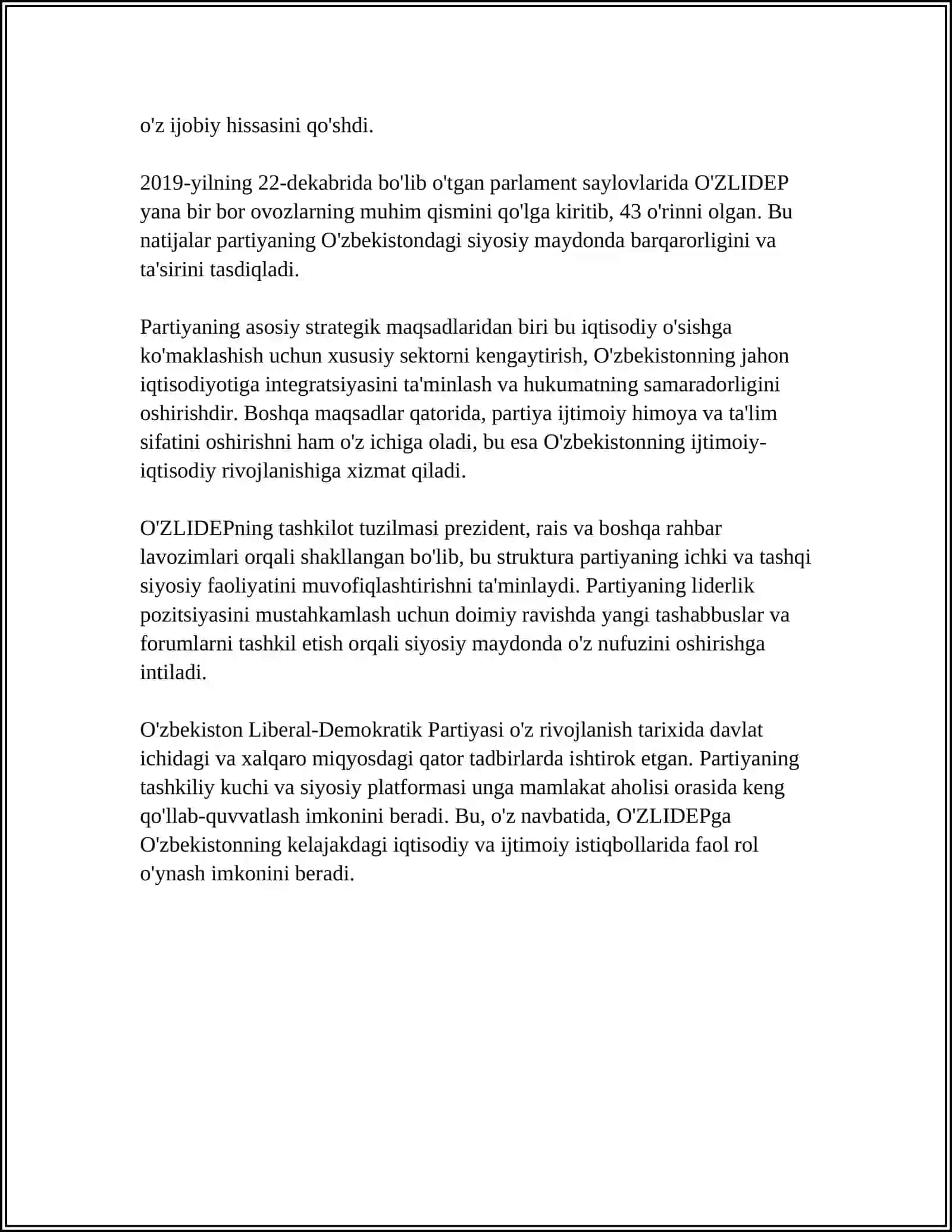 MUSTAQIL ISH Mavzu: ÕZBEKISTON RESPUBLIKASI "LIBERAL DEMOKRATIK PARTIYASI" VA UNING SAYLOVLARDAGI ÒRNI 4