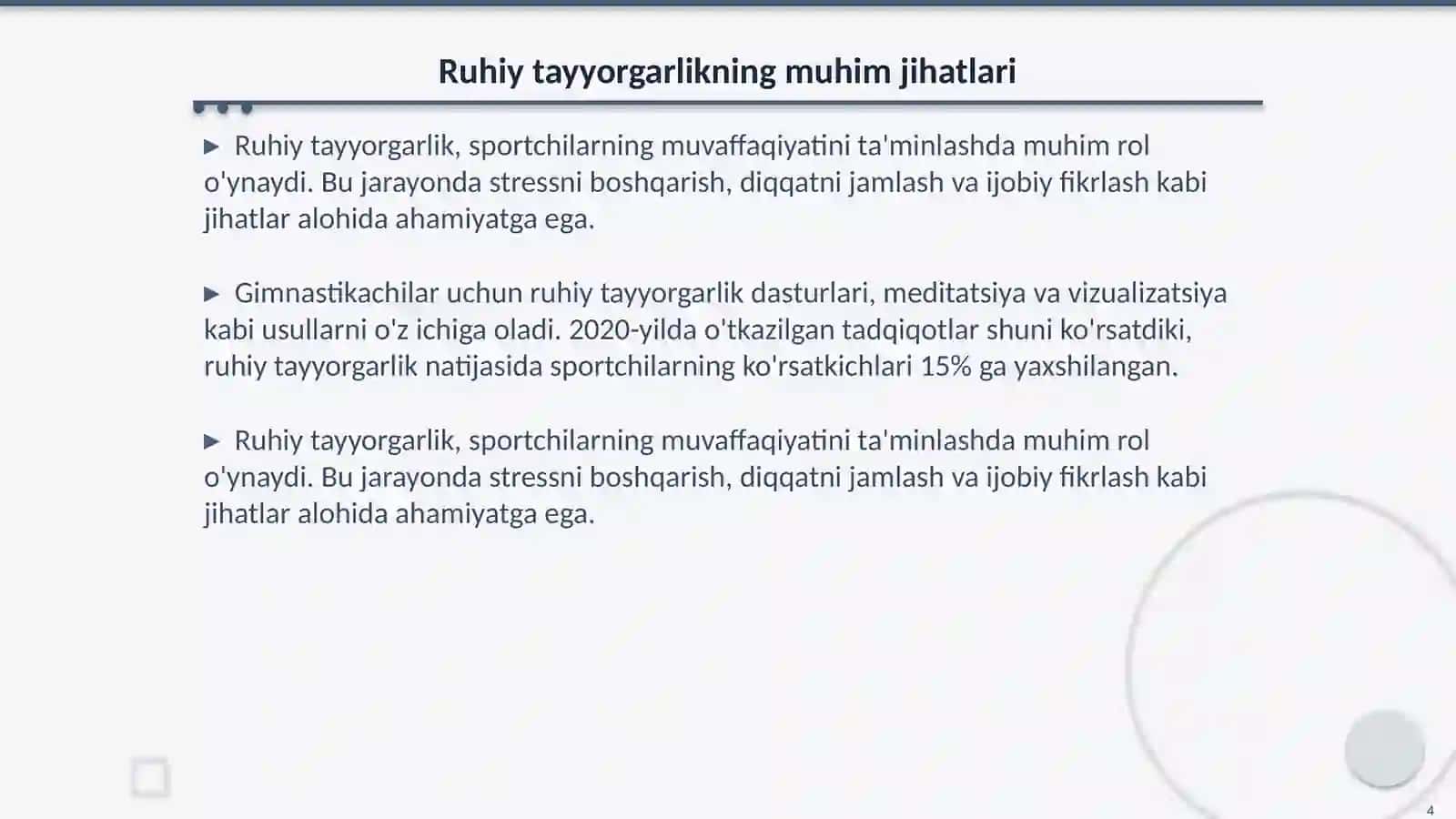 Gimnastikada tayyorgarlik ( jismoniy, ruhiy ) turlarining oʻrni 4