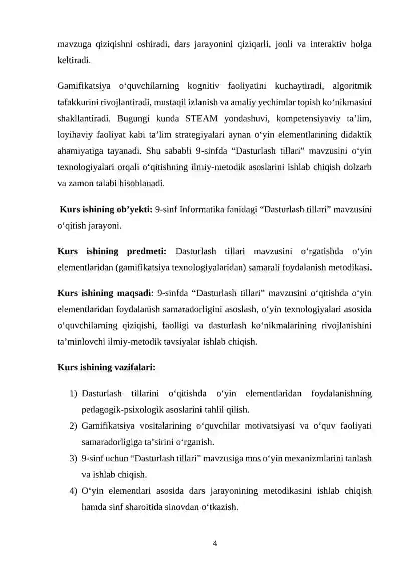 9-sinfda Dasturlash tillari mavzusida o‘yin elementlaridan foydalanish samaradorligi 4