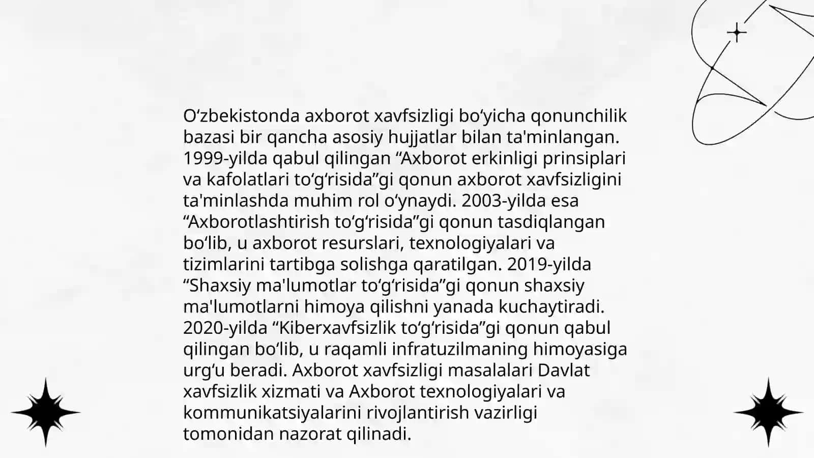 O'zbekistonda Axborot xavfsizligining ma'naviy va huquqiy asoslari ularning huquqiy xujjatlardagi ifodasi 4