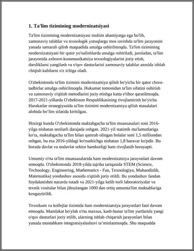 REFERAT Mavzu: OʻZBEKISTON RESPUBLIKASIDA TAʼLIM SOHASIDA AMALGA OSHIRILGAN ISLOHOTLAR 4