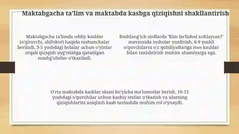 Kasb hunar ga qiziqishni tarbiyalash shakllari vositalari 4