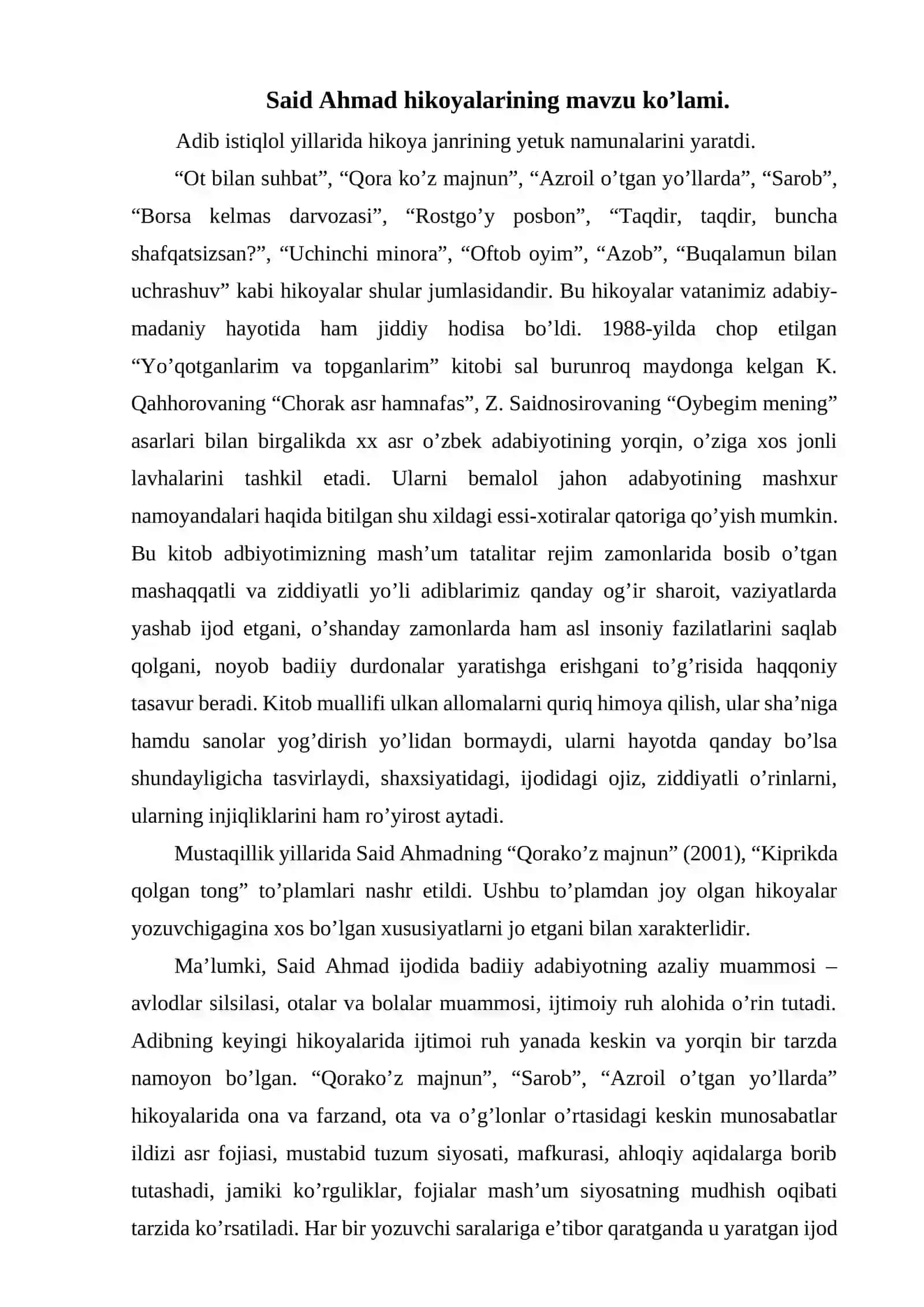 Said Ahmad - hikoyanavis (Mustaqillik davri ijodi misolida) 4