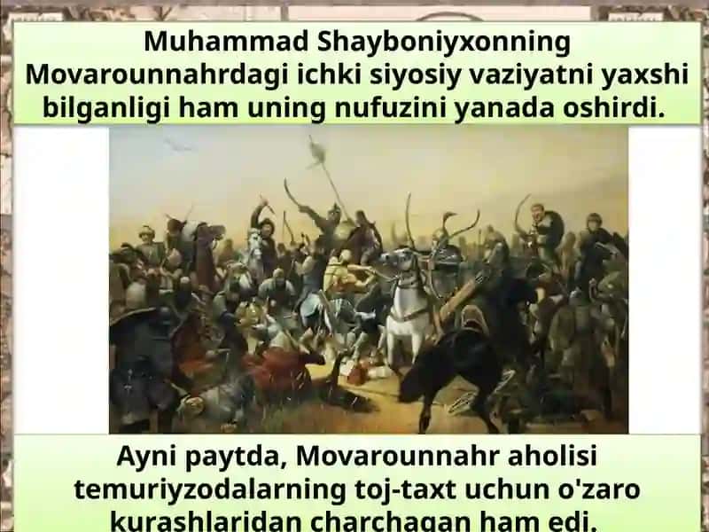 Movarounnahr va Xurosonda shayboniylar hukmronligining o‘rnatilishi. Buxoro xonligining tashkil topishi va siyosiy tarixi. 4