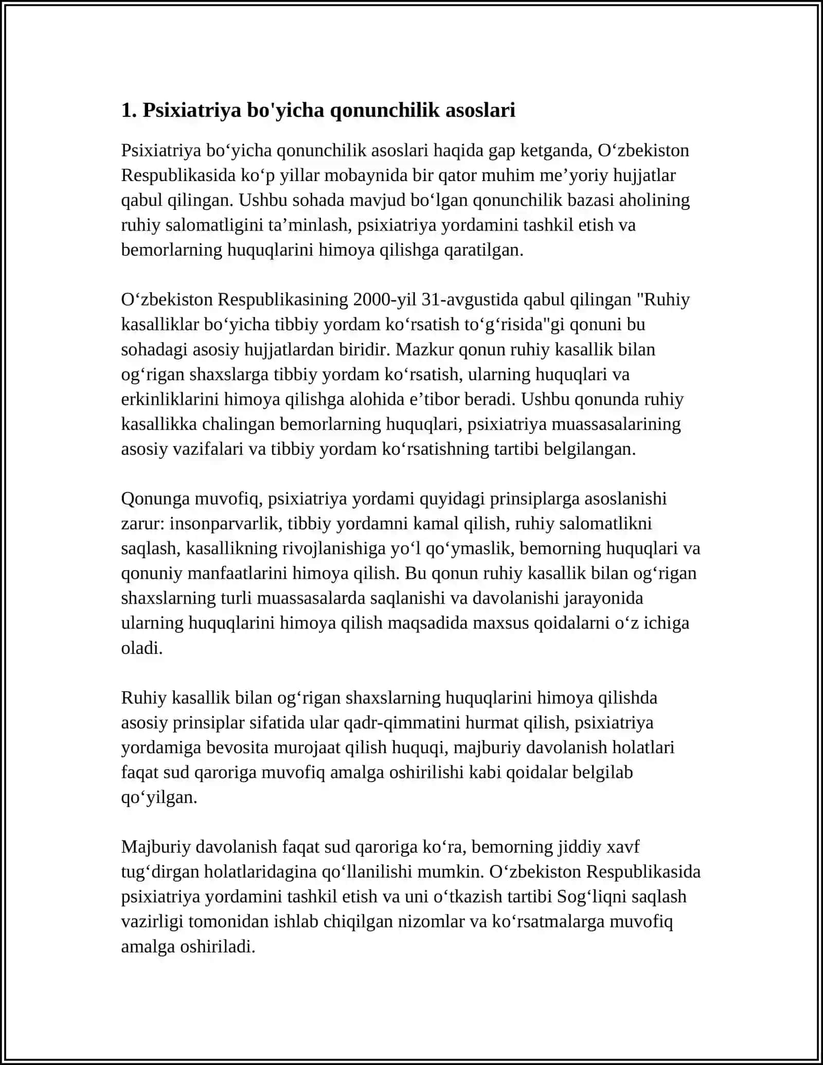 PSIXIATRIK YORDAM HAQIDAGI QONUN VA UNI AMALGA OSHIRISHDA FUQAROLAR HUQUQLARI KAFOLATLARI 4