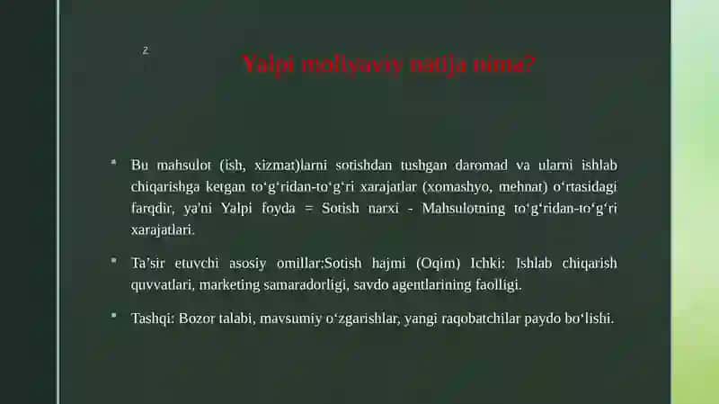 Mahsulot sotishdan ko'rilgan yalpi moliyaviy natija va unga ta'sir etuvchi omillarning tahlili 4