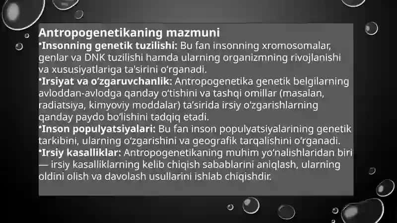 ANTROPOGENETIKA.ODAM IRSIYATINI O’RGANISH USULLARI GENEOLOGIK ,EGIZAKLAR ,POPULATSION ,SITOGINETIK ,DERMATOGLIFIKA,BIOKIMYOVIY.PRENATAL DIAGNOSTIKA 4