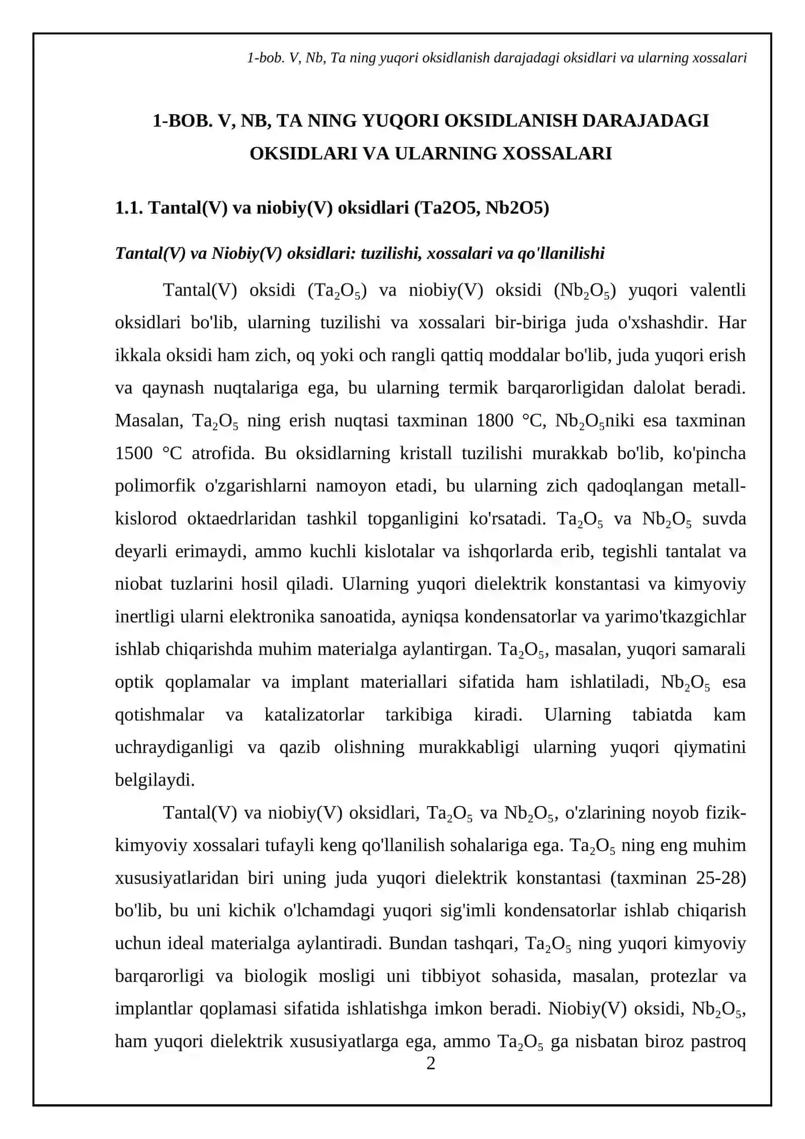 Tantal(V), vanadiy(V), niobiy(V) oksidlari. Ularning suvdagi eritmalari. Kislota-asos xossalari. Vanadiy(II, III, IV)-oksidlari va gidroksidlari, xossalari 4