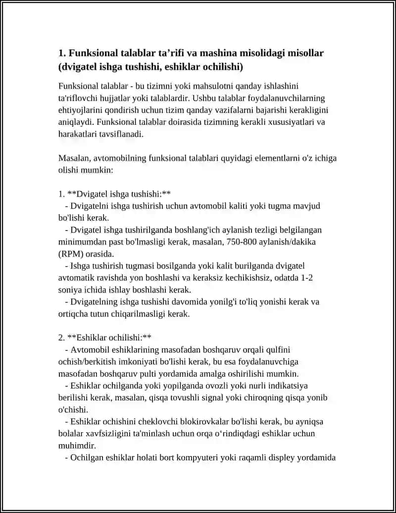 FUNKSIONAL VA NO-FUNKSIONAL TALABLAR: FARQLARIVA O‘ZAROBOG‘LIQLIGI. MASHINA MISOLIDA. 4