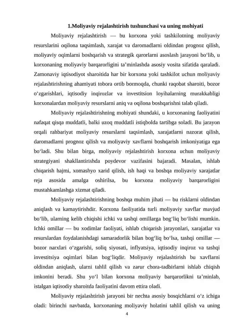 Korxonalarda moliyaviy rejalashtirishning ahamiyatini o’rganish va uning moliyaviy barqarorlikka ta’sirini tahlil qilish 4