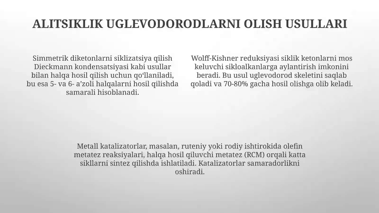 Alisiklik va aromatik uglevodorodlarni olinish usullari. 4