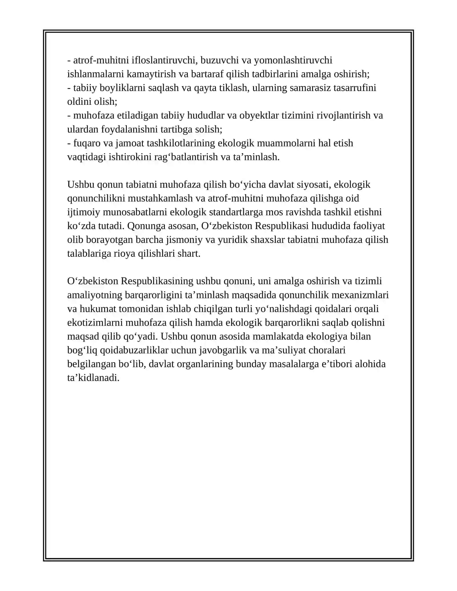 O'ZBEKISTON RESPUBLIKASI TABIYATNI MUXOFAZA QILISH TO'G'RISIDAGI QONUNI 09 12 1992 4