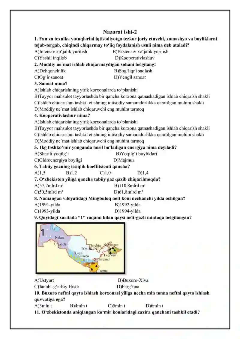 Geografiya fanidan 8-sinf nazorat ishi to`plami. 1-variant. 4