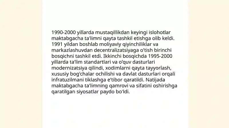 O'zbekiston mustaqillikka erishgandan keyingi davrdagi maktabgacha ta'lim tizimi 4