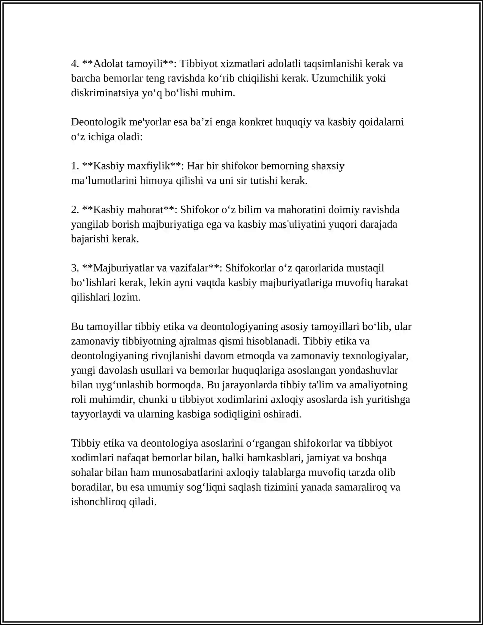 TIBBIY ETIKA VA DEONTOLOGIYA ASOSLARI. XIRURGIYA QABUL BO'LIMI TUZILMASI VA VAZIFALARI 4