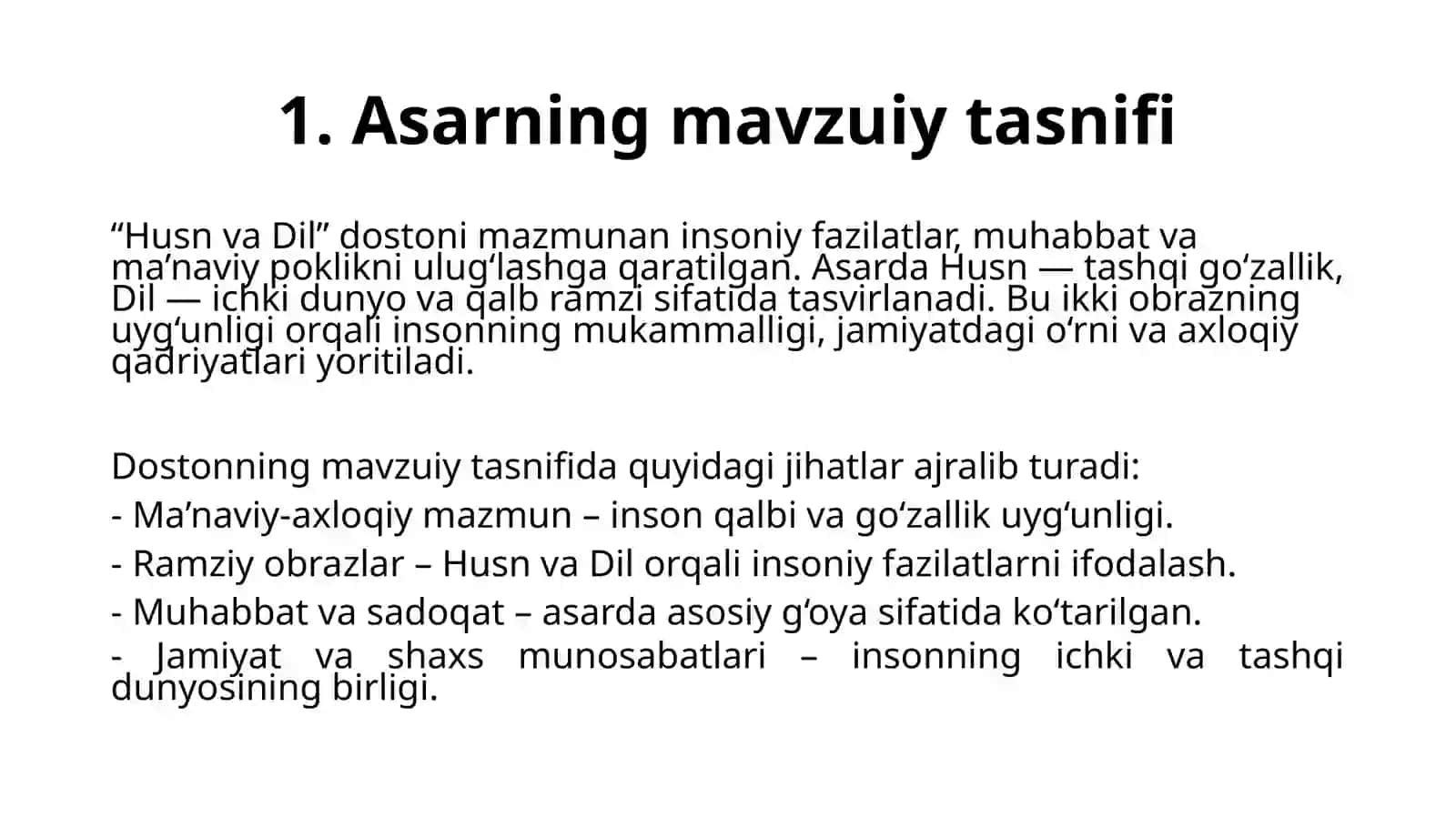 Husn va dil  dostonini mavzuiy tasnif qilish. 4