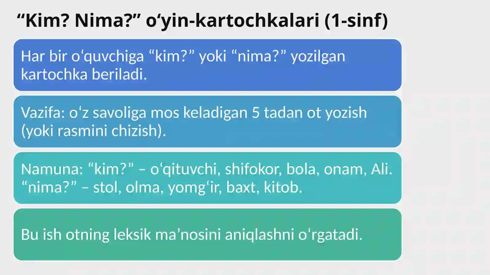 Ot so‘z turkumini o‘rganishda qo‘llaniladigan mustaqil ishlarni ishlabc hiqish 4