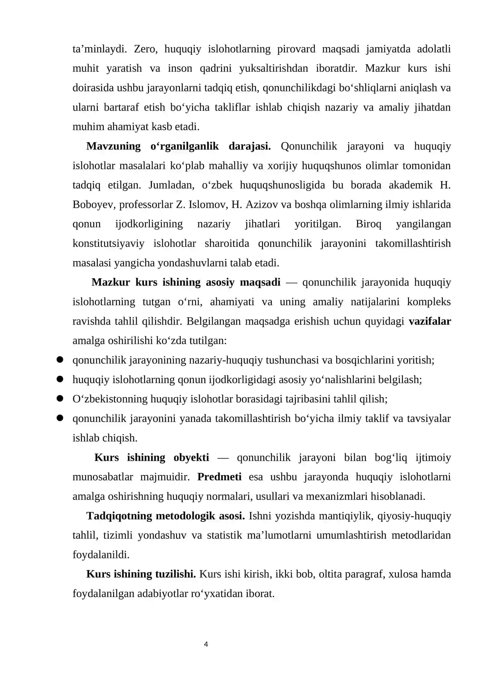 Qonunchilik jarayonida huquqiy islohotlarning ahamiyati kurs ishi 4
