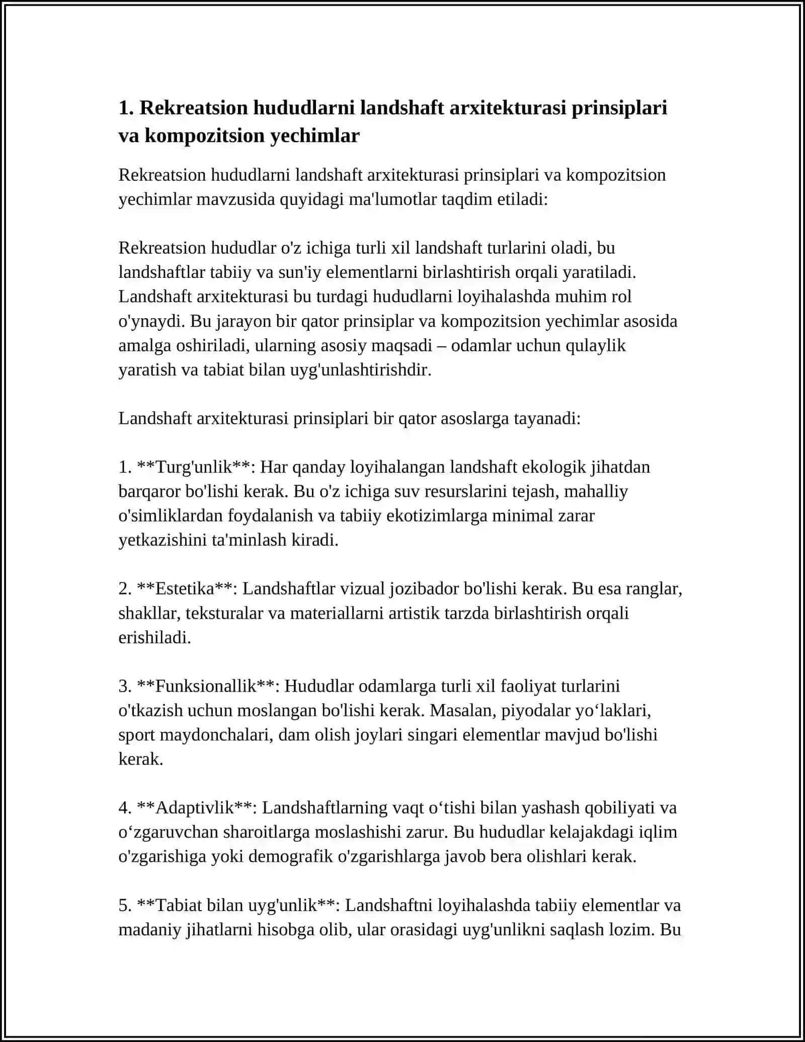 REKREATSION HUDUDLARNI ARXITEKTURA-LANDSHAFT TASHKIL ETISH TEXNIKASI VA REKREATSION RIVOJLANISHNING TABIIY MUHIT BILAN KOMPOZITSION ALOQASI 4