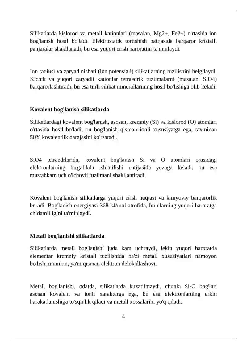 Silikat va qiyin eriydigan nometall materiallarda kimyoviy bog'lar 4